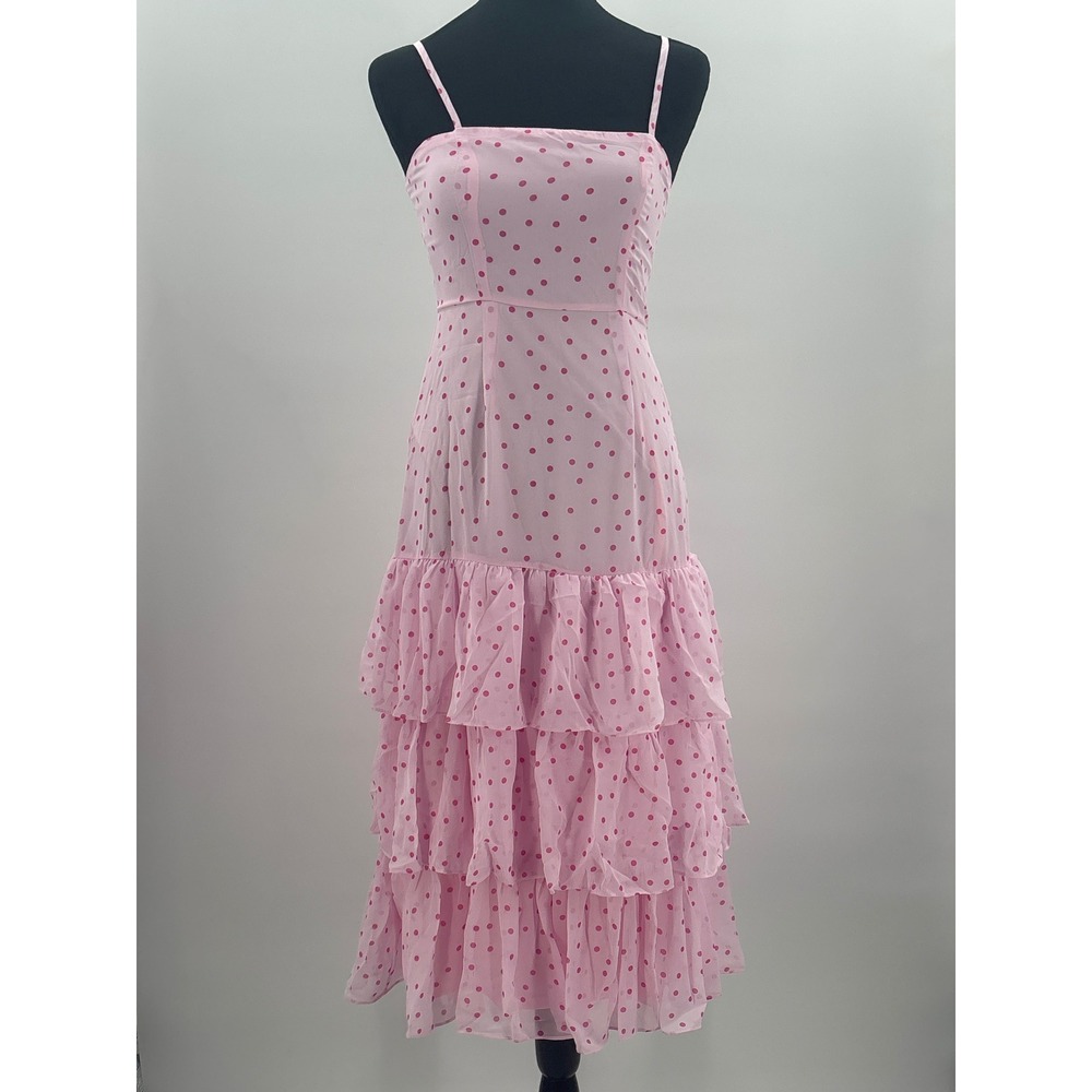Lulus Nellie Pink Polka Dot Tiered Midi Dress XS Square Neck Ruffle Side Slit - Picture 5 of 11
